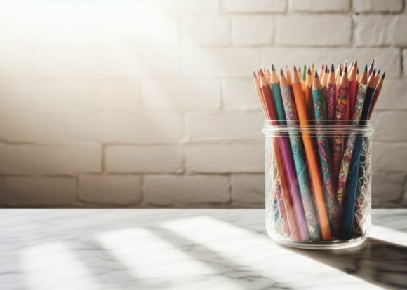 Mason or glass storage are vesratile storage solutions for stationery supplies